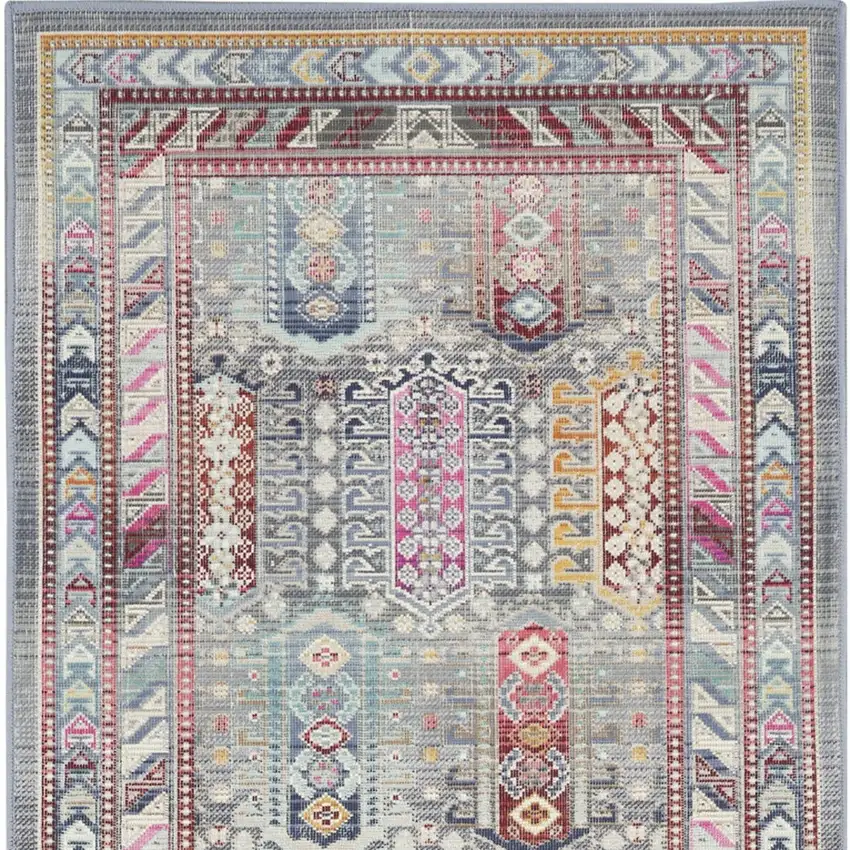 8' Ivory Gray And Red Floral Distressed Runner Rug Photo 9