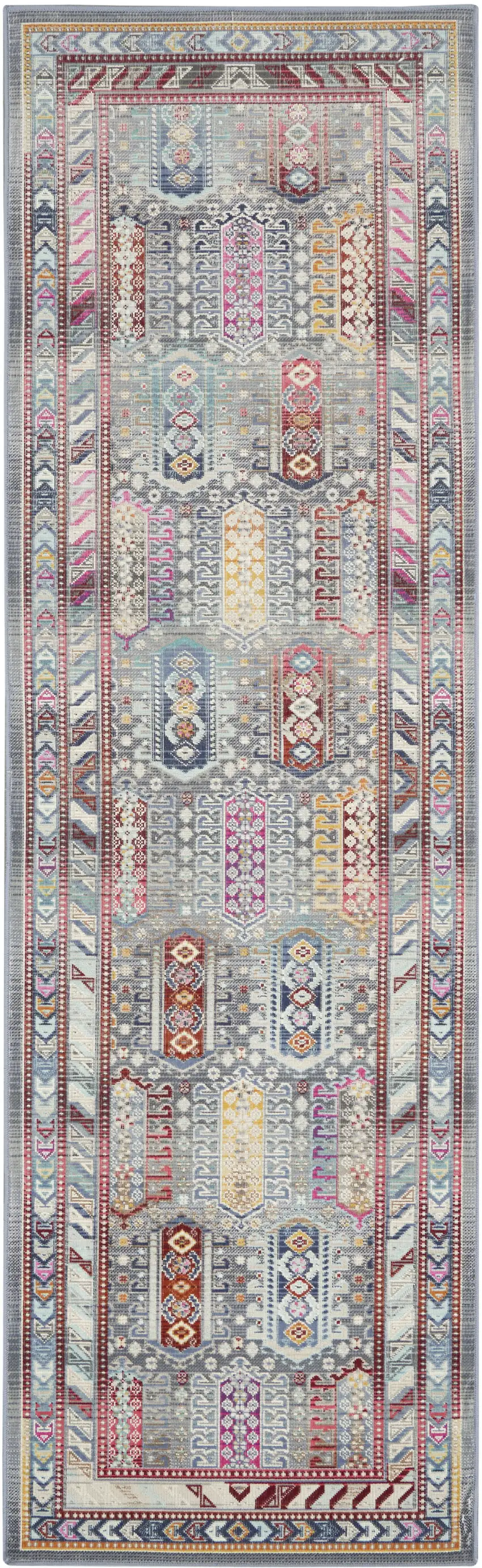 8' Ivory Gray And Red Floral Distressed Runner Rug Photo 1