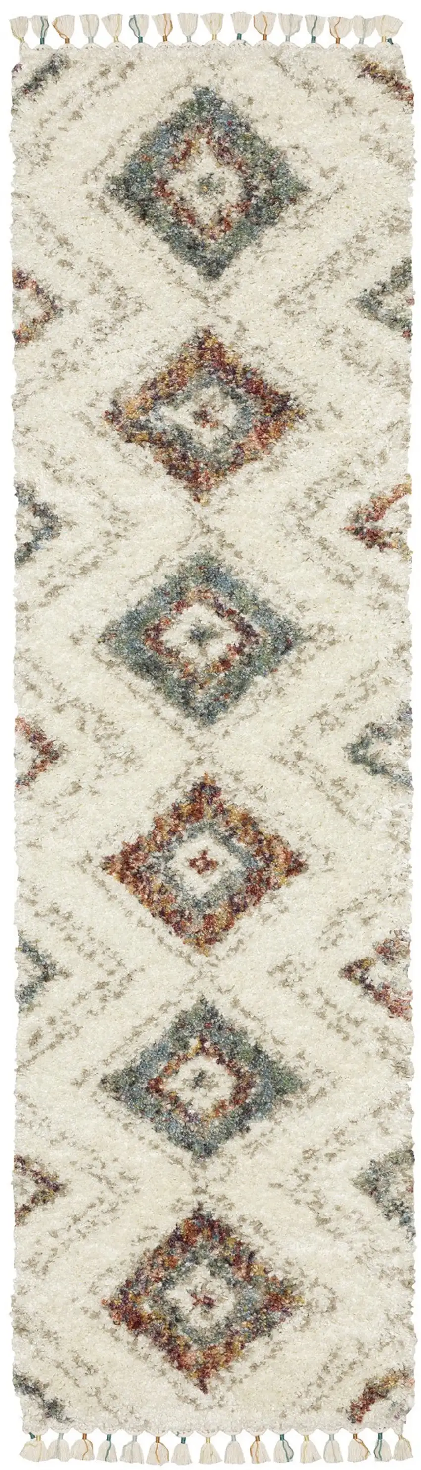8' Ivory Gray And Red Southwestern Shag Runner Rug With Fringe Photo 2