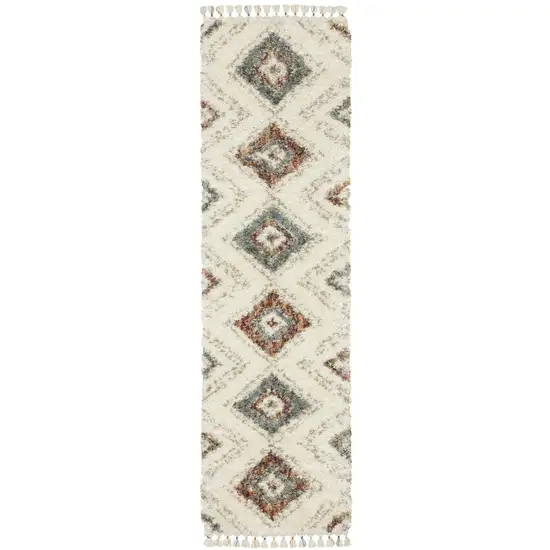 8' Ivory Gray And Red Southwestern Shag Runner Rug With Fringe Photo 2