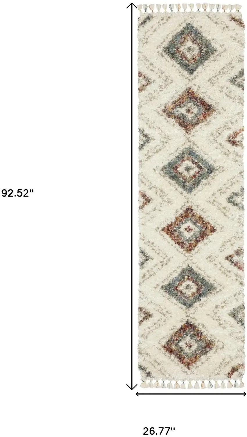8' Ivory Gray And Red Southwestern Shag Runner Rug With Fringe Photo 3