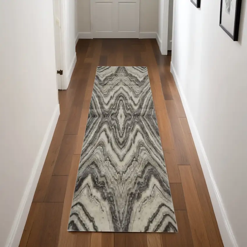 8' Ivory Gray And Tan Abstract Runner Rug Photo 1
