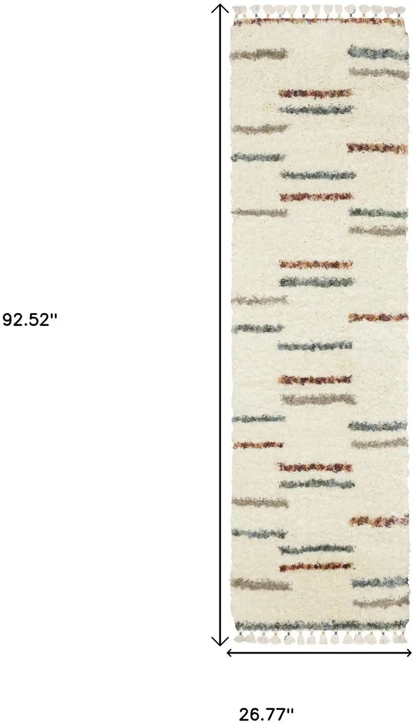 8' Ivory Gray And Tan Striped Shag Runner Rug With Fringe Photo 3