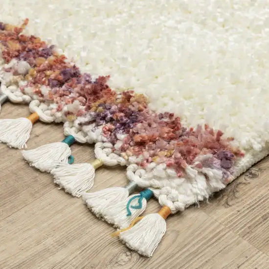 8' Ivory Gray And Tan Striped Shag Runner Rug With Fringe Photo 8