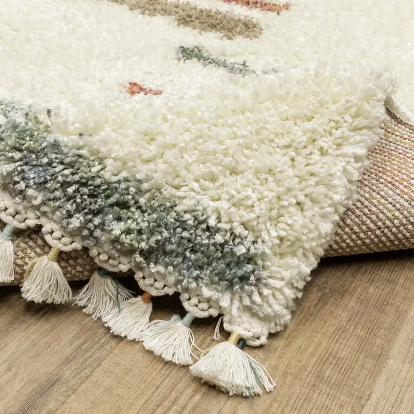 8' Ivory Gray And Tan Striped Shag Runner Rug With Fringe Photo 9