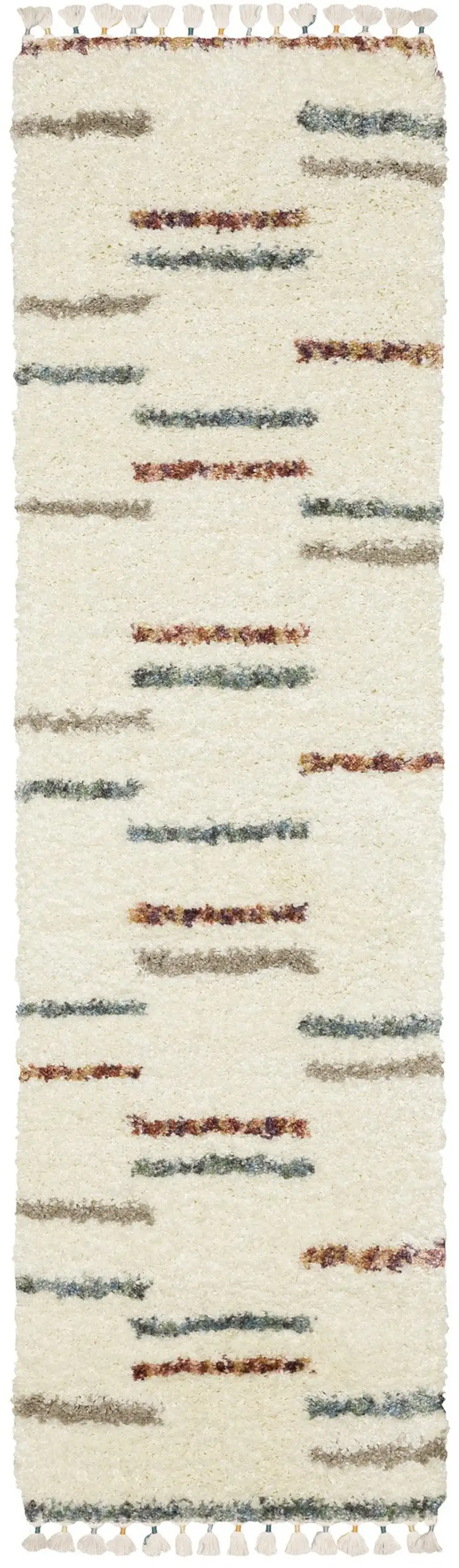 8' Ivory Gray And Tan Striped Shag Runner Rug With Fringe Photo 2
