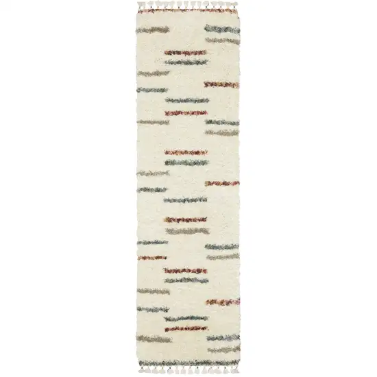 8' Ivory Gray And Tan Striped Shag Runner Rug With Fringe Photo 2