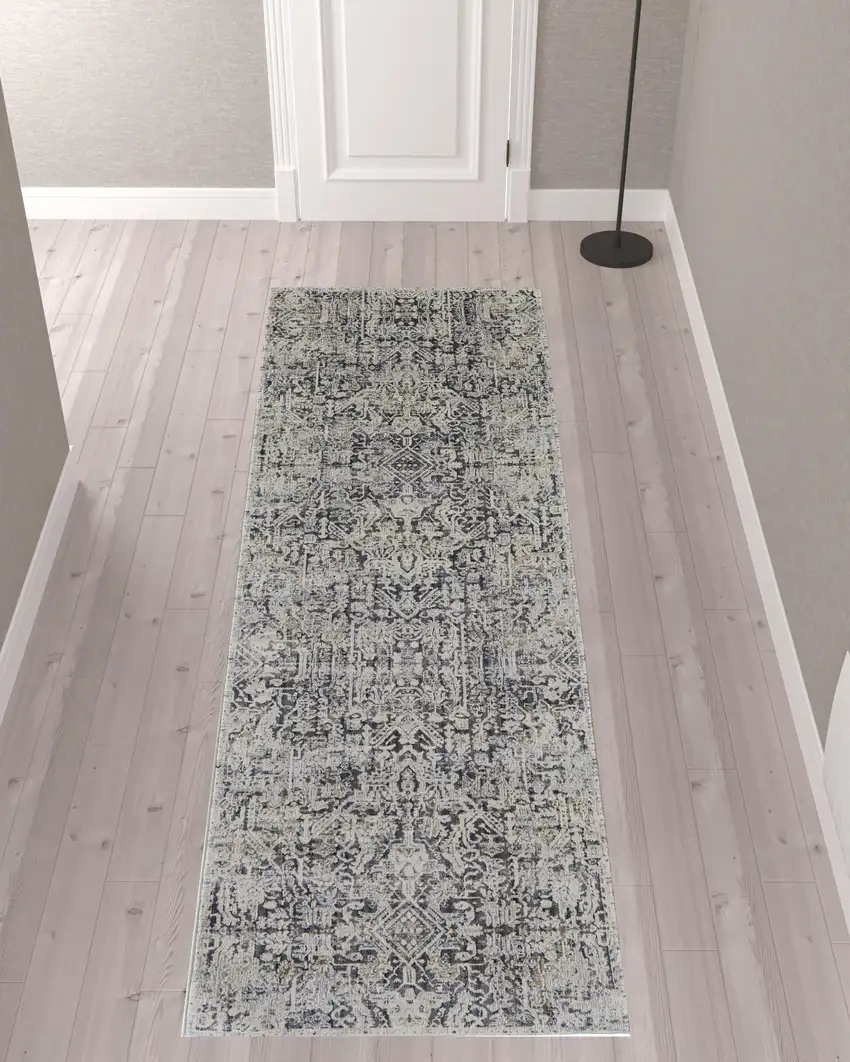 10' Ivory Gray And Taupe Abstract Power Loom Distressed Runner Rug With Fringe Photo 2