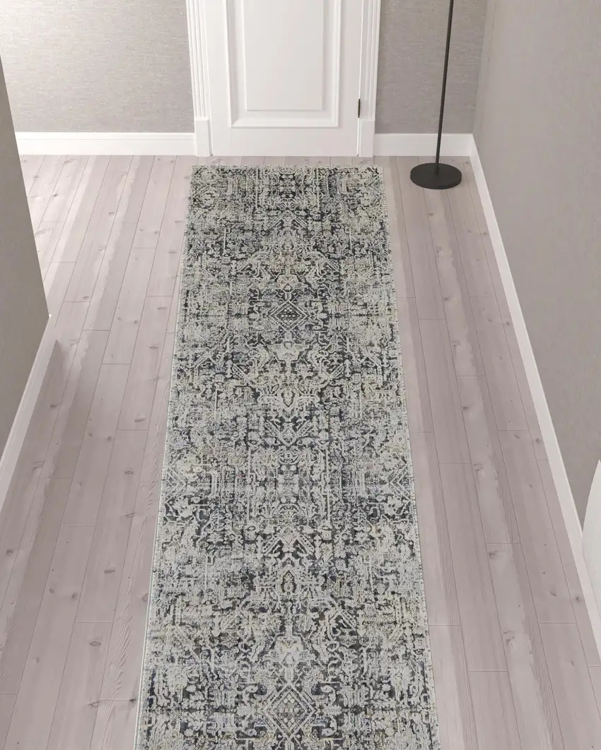 12' Ivory Gray And Taupe Abstract Power Loom Distressed Runner Rug With Fringe Photo 2