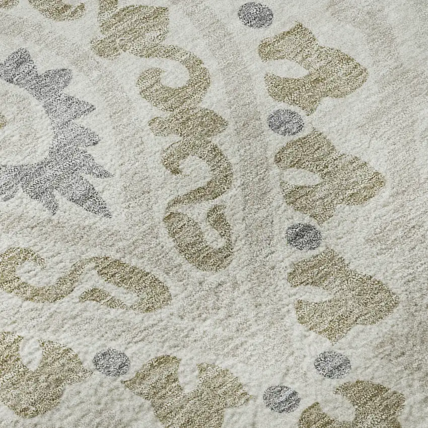 8' Ivory Gray And Taupe Diamond Washable Round Rug With UV Protection Photo 8