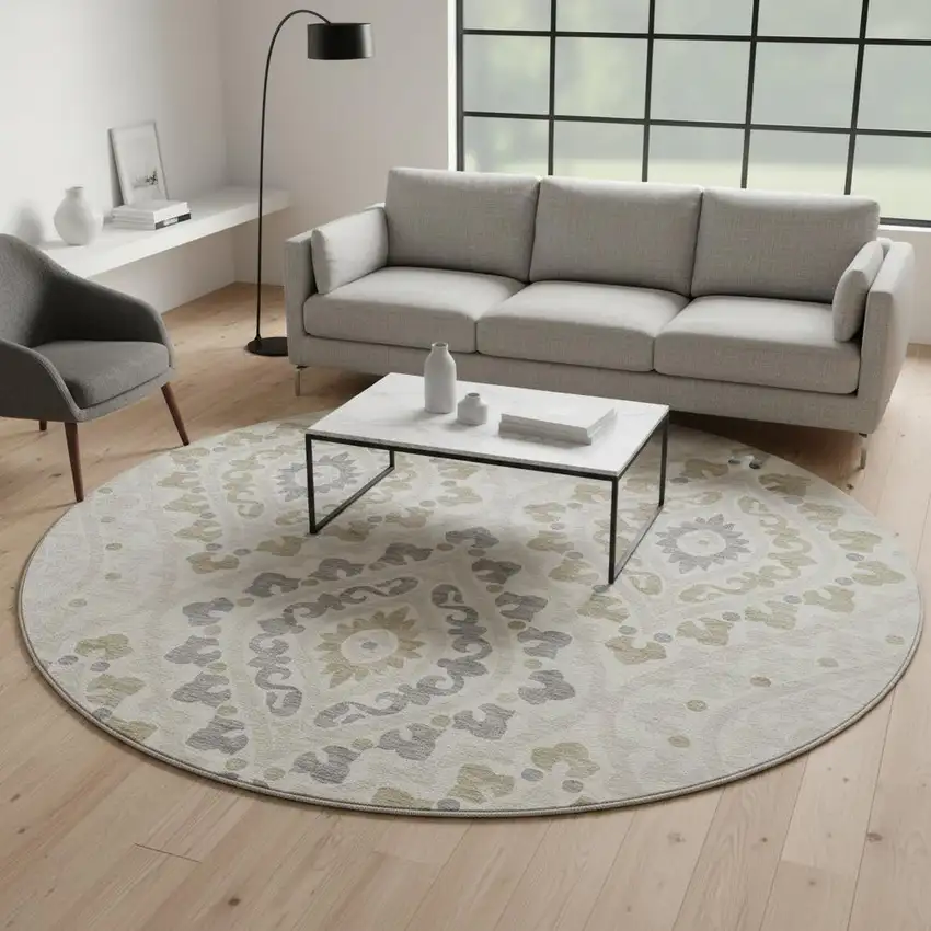 8' Ivory Gray And Taupe Diamond Washable Round Rug With UV Protection Photo 2