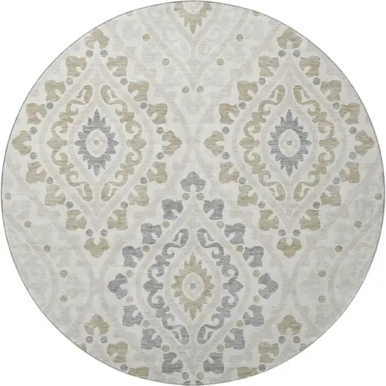 8' Ivory Gray And Taupe Diamond Washable Round Rug With UV Protection Photo 3