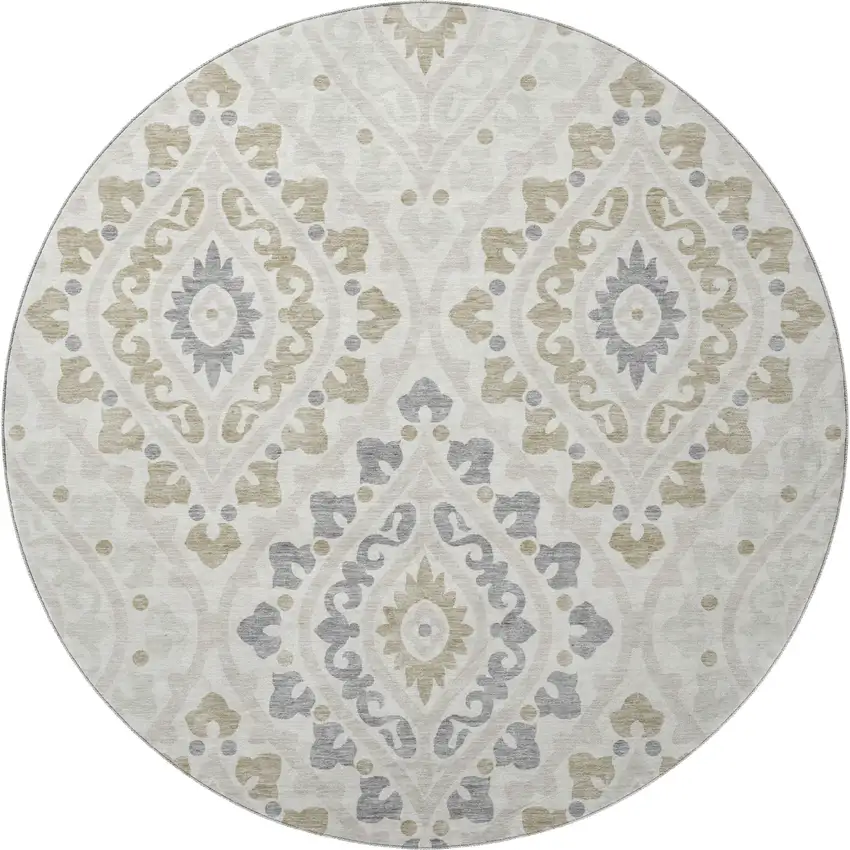 8' Ivory Gray And Taupe Diamond Washable Round Rug With UV Protection Photo 3