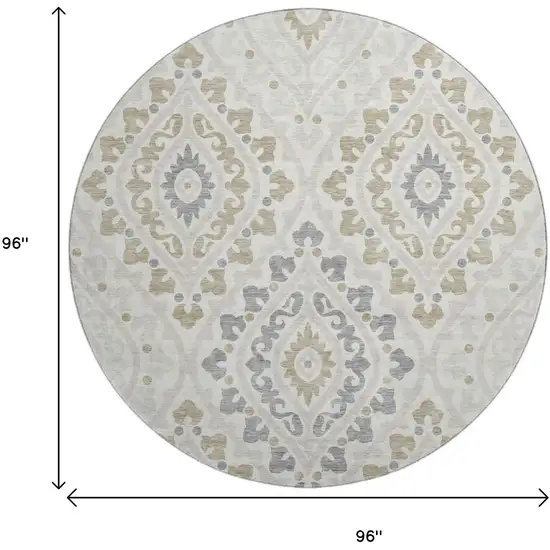 8' Ivory Gray And Taupe Diamond Washable Round Rug With UV Protection Photo 9