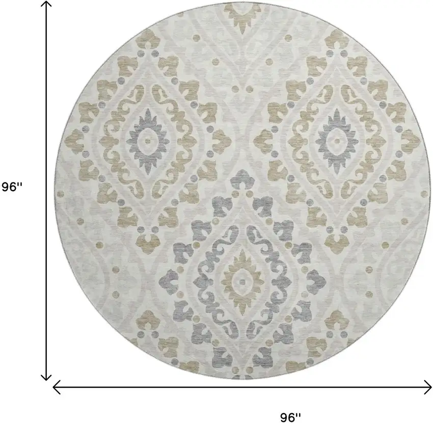 8' Ivory Gray And Taupe Diamond Washable Round Rug With UV Protection Photo 9