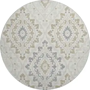 Photo of 8' Ivory Gray And Taupe Diamond Washable Round Rug With UV Protection
