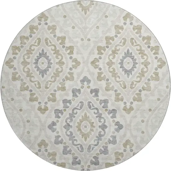 8' Ivory Gray And Taupe Diamond Washable Round Rug With UV Protection Photo 1