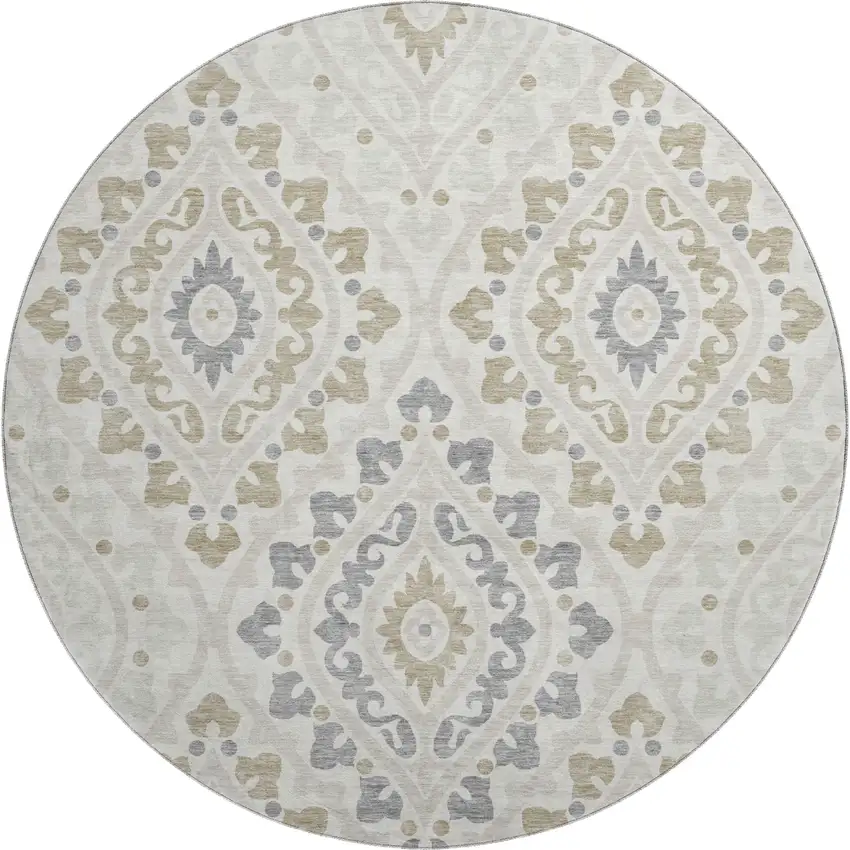 8' Ivory Gray And Taupe Diamond Washable Round Rug With UV Protection Photo 1