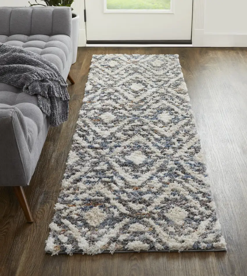 8' Ivory Gray And Taupe Geometric Power Loom Stain Resistant Runner Rug Photo 4
