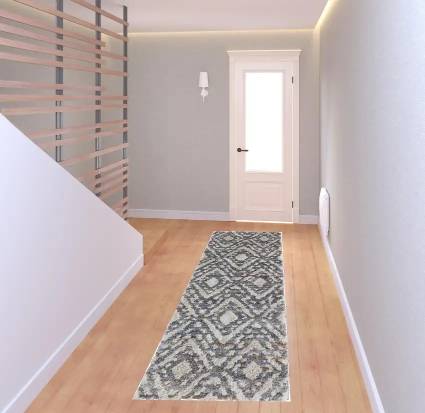 8' Ivory Gray And Taupe Geometric Power Loom Stain Resistant Runner Rug Photo 2