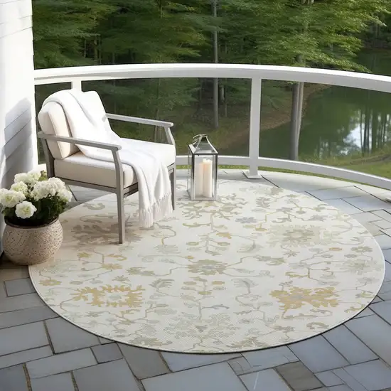 8' Ivory Gray And Taupe Round Floral Washable Indoor Outdoor Area Rug Photo 5