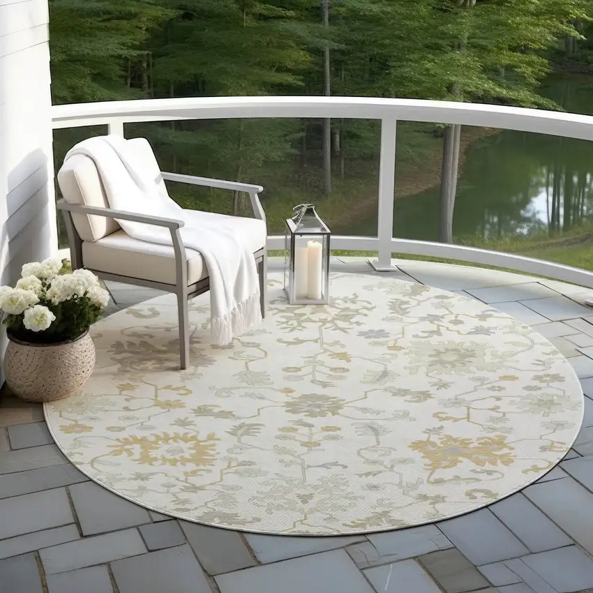 8' Ivory Gray And Taupe Round Floral Washable Indoor Outdoor Area Rug Photo 5