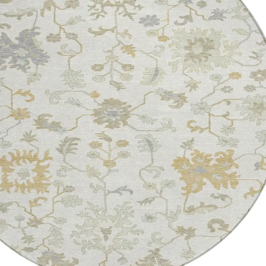 8' Ivory Gray And Taupe Round Floral Washable Indoor Outdoor Area Rug Photo 8