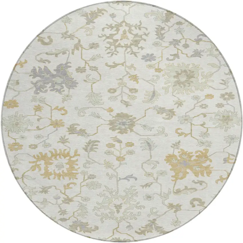 8' Ivory Gray And Taupe Round Floral Washable Indoor Outdoor Area Rug Photo 1