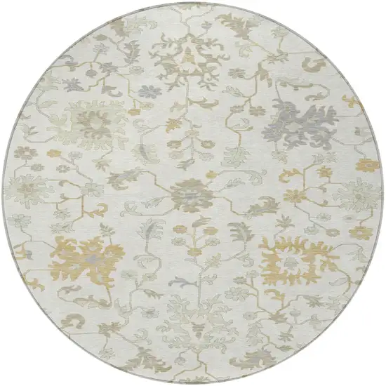 8' Ivory Gray And Taupe Round Floral Washable Indoor Outdoor Area Rug Photo 4
