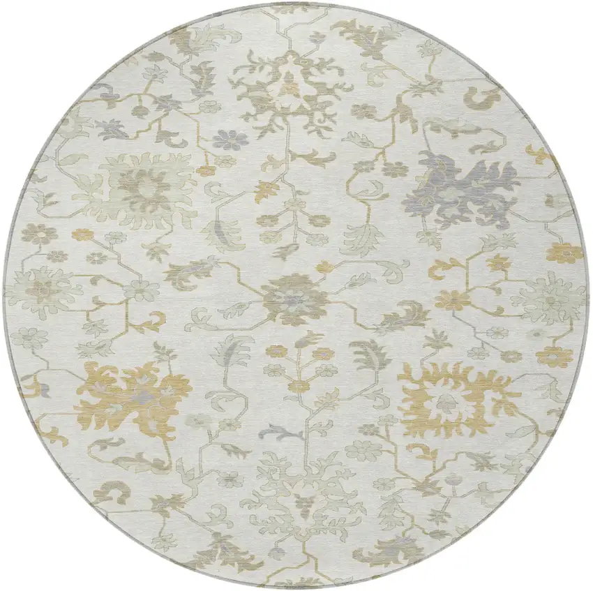 8' Ivory Gray And Taupe Round Floral Washable Indoor Outdoor Area Rug Photo 4