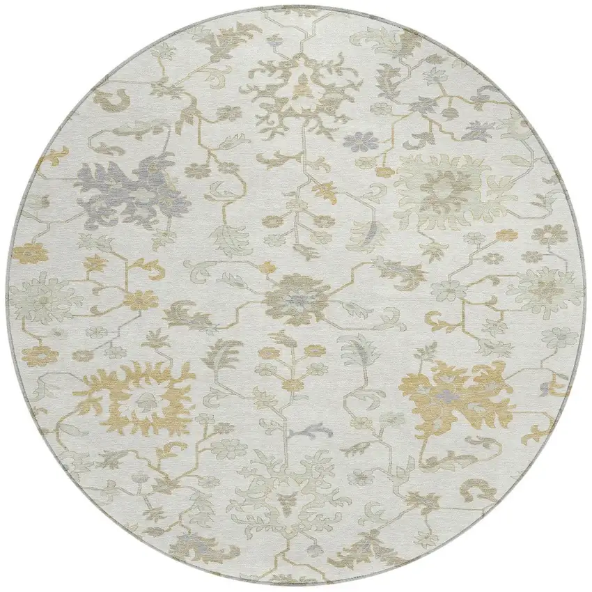 8' Ivory Gray And Taupe Round Floral Washable Indoor Outdoor Area Rug Photo 3