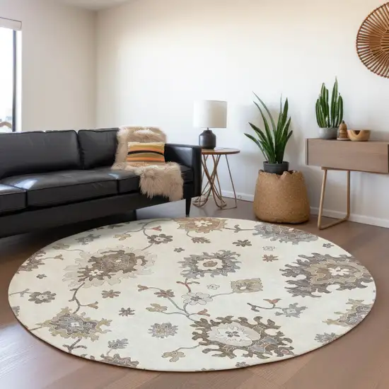 8' Ivory Gray And Taupe Round Floral Washable Indoor Outdoor Area Rug Photo 9