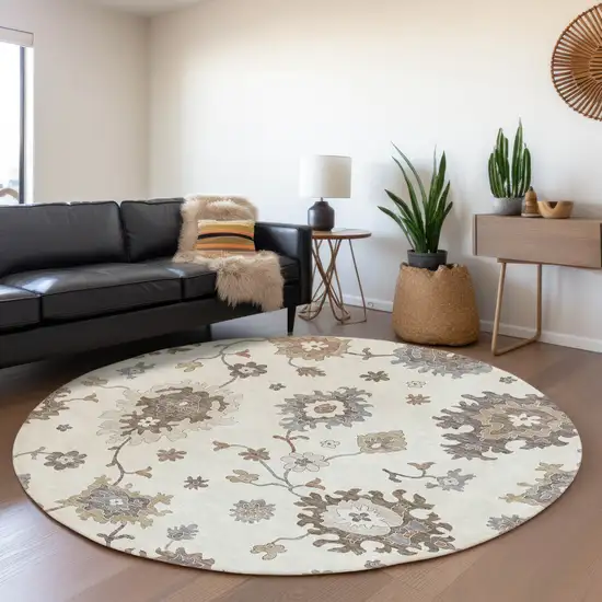 8' Ivory Gray And Taupe Round Floral Washable Indoor Outdoor Area Rug Photo 9