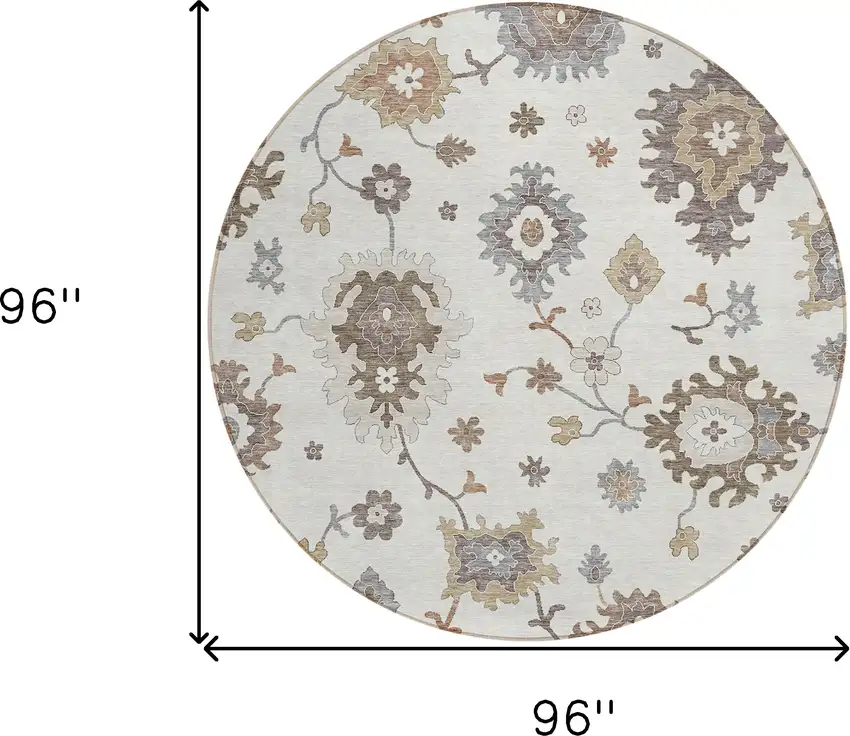 8' Ivory Gray And Taupe Round Floral Washable Indoor Outdoor Area Rug Photo 9