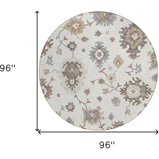 8' Ivory Gray And Taupe Round Floral Washable Indoor Outdoor Area Rug Photo 9