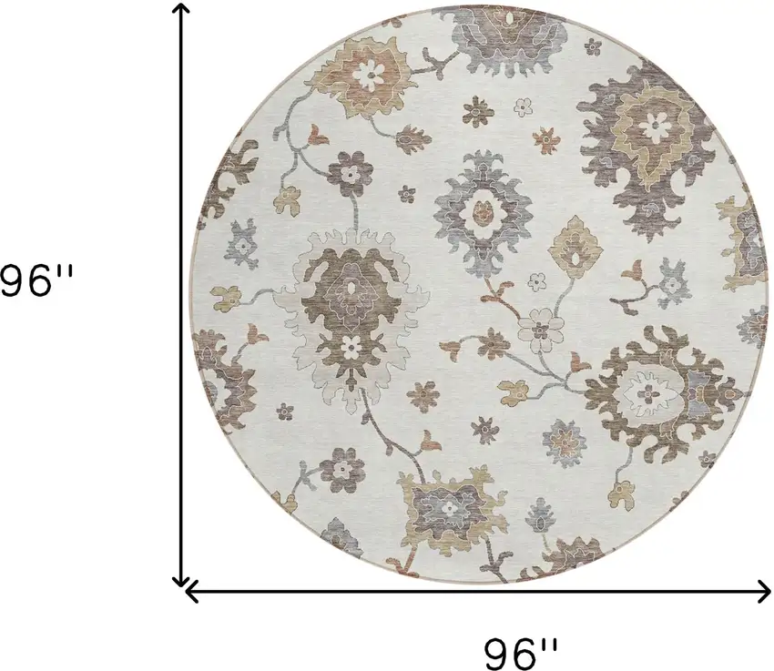 8' Ivory Gray And Taupe Round Floral Washable Indoor Outdoor Area Rug Photo 9