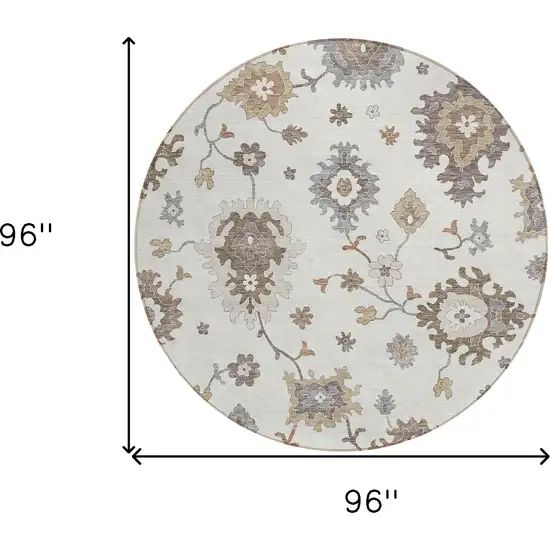 8' Ivory Gray And Taupe Round Floral Washable Indoor Outdoor Area Rug Photo 9