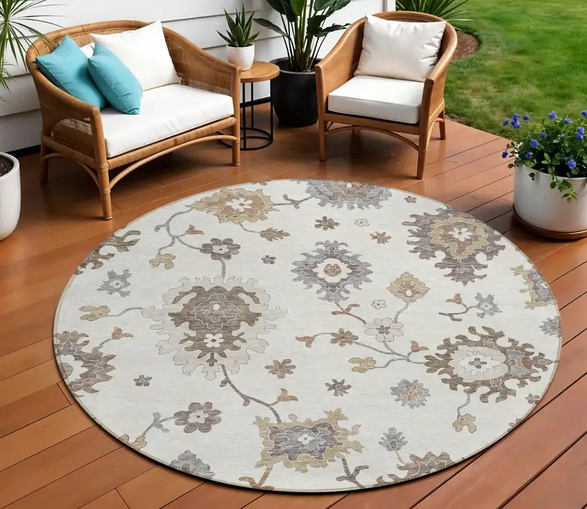 8' Ivory Gray And Taupe Round Floral Washable Indoor Outdoor Area Rug Photo 1