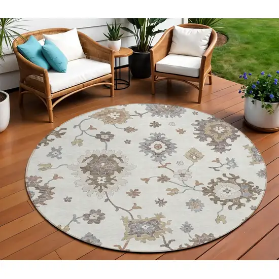8' Ivory Gray And Taupe Round Floral Washable Indoor Outdoor Area Rug Photo 1
