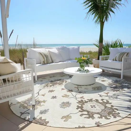 8' Ivory Gray And Taupe Round Floral Washable Indoor Outdoor Area Rug Photo 8