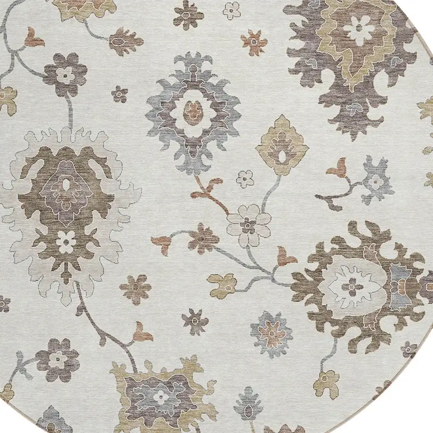 8' Ivory Gray And Taupe Round Floral Washable Indoor Outdoor Area Rug Photo 4