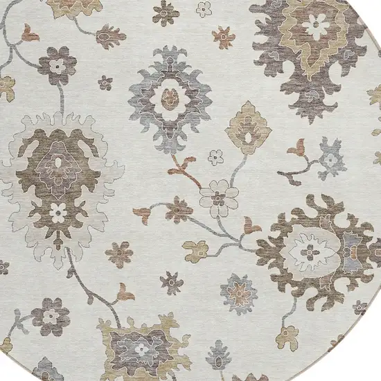 8' Ivory Gray And Taupe Round Floral Washable Indoor Outdoor Area Rug Photo 4