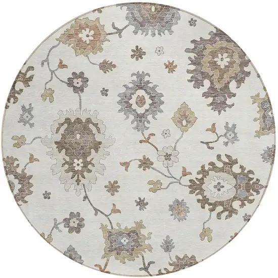 8' Ivory Gray And Taupe Round Floral Washable Indoor Outdoor Area Rug Photo 6
