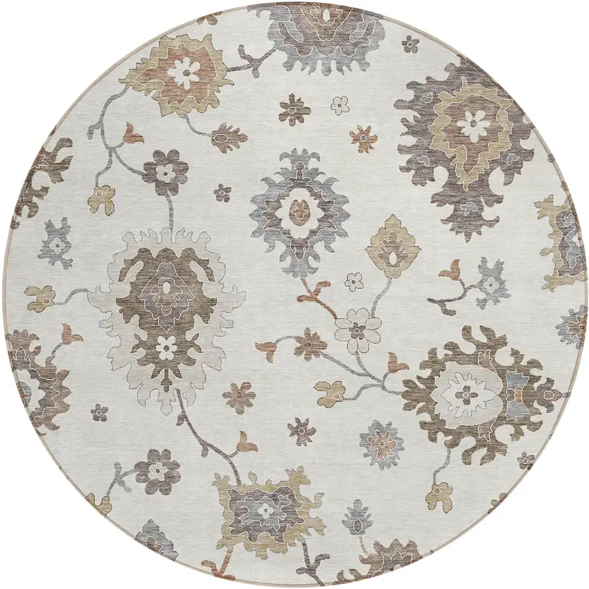 8' Ivory Gray And Taupe Round Floral Washable Indoor Outdoor Area Rug Photo 1
