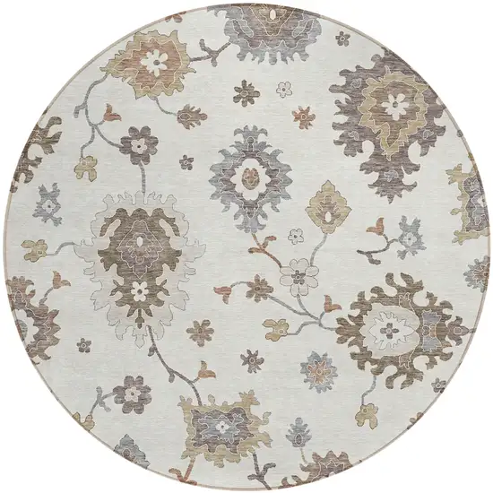 8' Ivory Gray And Taupe Round Floral Washable Indoor Outdoor Area Rug Photo 1