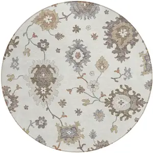 Photo of 8' Ivory Gray And Taupe Round Floral Washable Indoor Outdoor Area Rug
