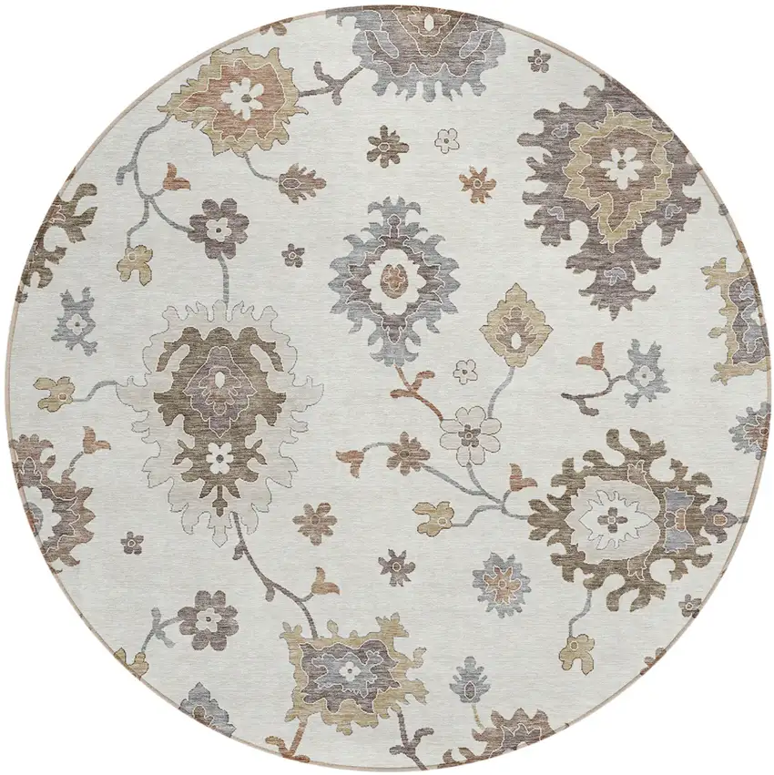 8' Ivory Gray And Taupe Round Floral Washable Indoor Outdoor Area Rug Photo 1