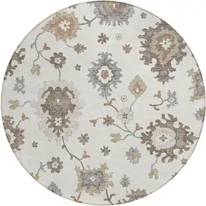 Photo of 8' Ivory Gray And Taupe Round Floral Washable Indoor Outdoor Area Rug