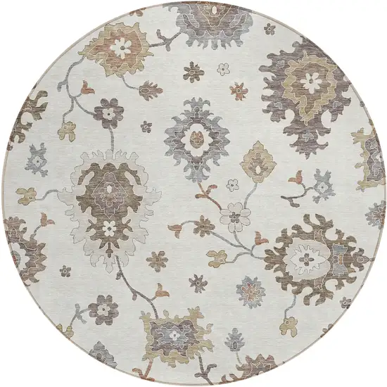 8' Ivory Gray And Taupe Round Floral Washable Indoor Outdoor Area Rug Photo 1