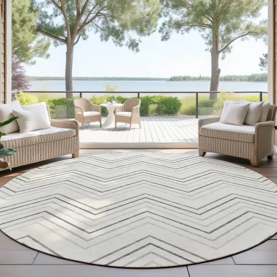 8' Ivory Gray And Taupe Round Geometric Washable Indoor Outdoor Area Rug Photo 4